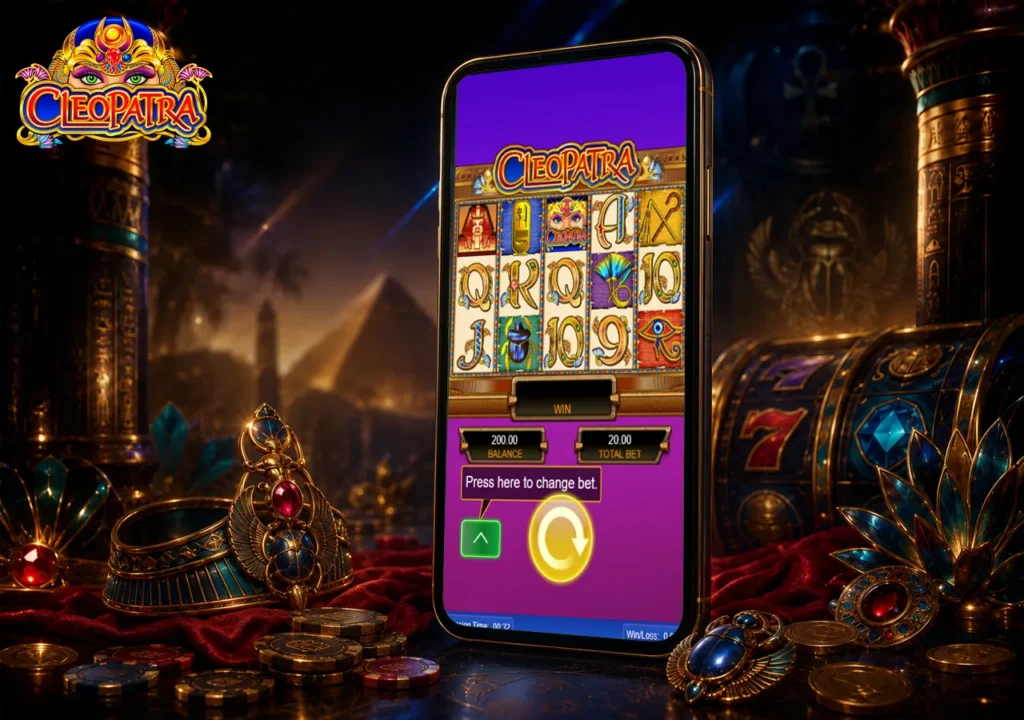 Cleopatra Slot mobile scene with Egyptian styling, golden details and the atmosphere of a classic online slot