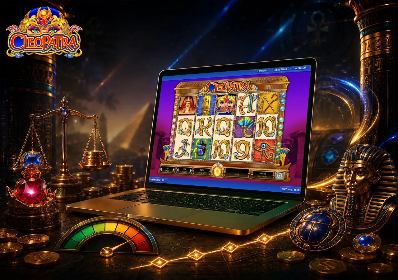 Quick Cleopatra Slot review on laptop with rating cues, editorial layout and elegant Egyptian decor